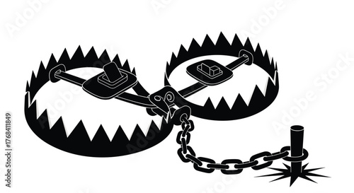 Black silhouette of a double bear trap with jagged teeth chained to a spike.