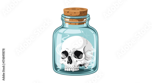 A translucent glass bottle with a cork stopper containing a white skull with wisps of smoke.