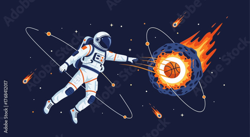 Astronaut performs a slam dunk with a flaming basketball in outer space scene