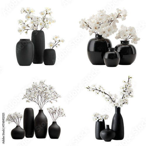 Modern Black Vases with White Flowers in Minima isolated on with white background