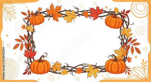 Autumn frame with pumpkins and leaves for thanksgiving season background design or decoration