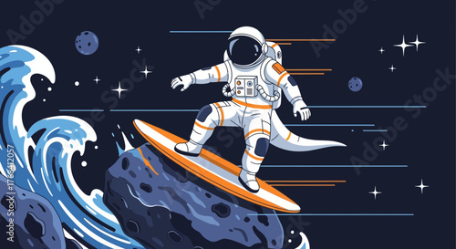 Astronaut Surfing in Space Illustration with Waves and Celestial Elements Concept