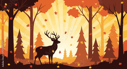 Autumnal Forest Scene with Deer Silhouette and Falling Leaves in Warm Tones illustration