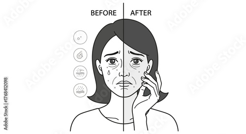 Before and after skin condition illustration depicting skincare improvement with woman face
