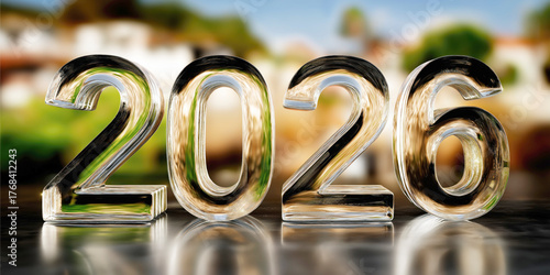 Transparent glass numbers 2026 reflecting light on a blurred background