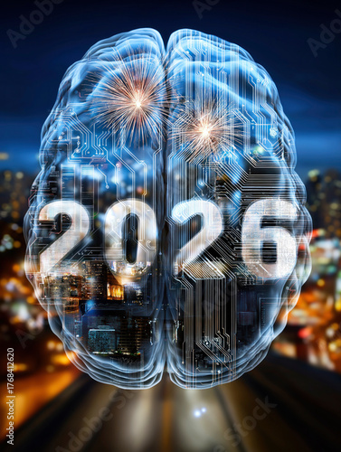 Futuristic brain illustration with digital circuits and 2026 concept