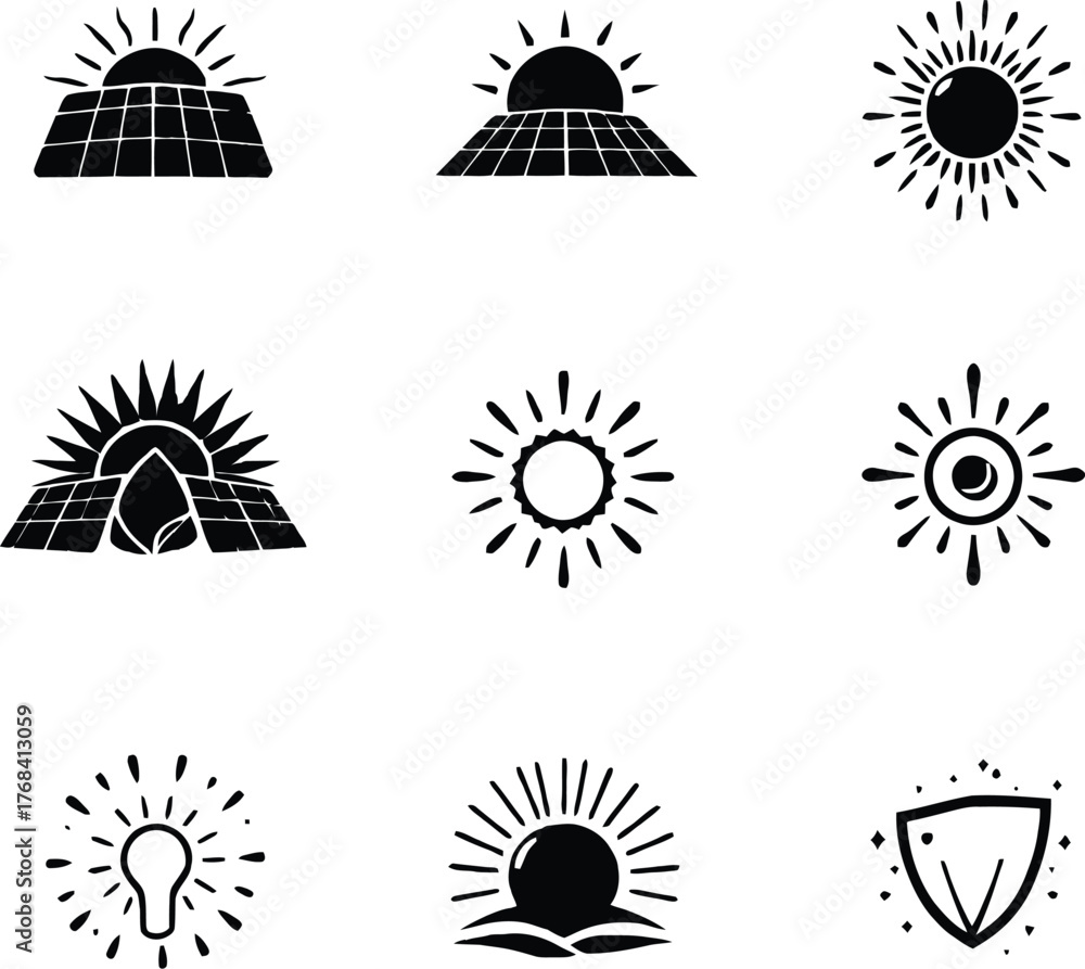 Fototapeta premium Collection of nine black and white sun and energy related vector icons in a square format layout silhouette