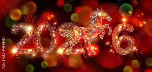 Colorful 2026 celebration illustration with sparkling horse, numbers and lights