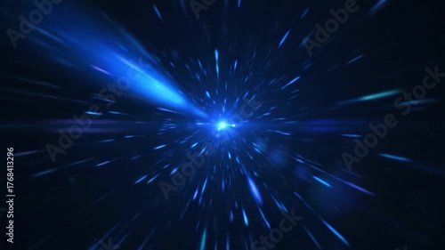 A central blue light source emits beams outward against a dark background, creating dynamic streaks