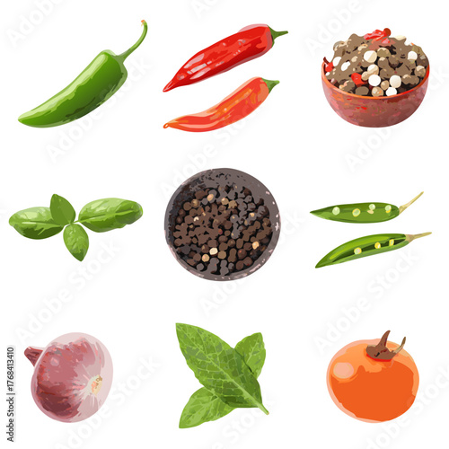 Vibrant collage of fresh vegetables herbs and spices