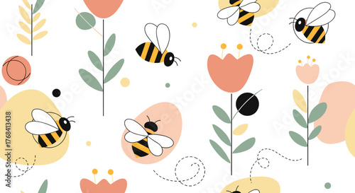 Whimsical pattern of bees flying around stylized flowers and abstract shapes on a white background.