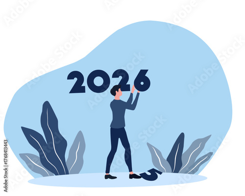 Flat vector illustration of a man replacing number 5 with 6 to represent the transition to the year 2026. Symbol of new beginning, progress, and fresh goals for the new year