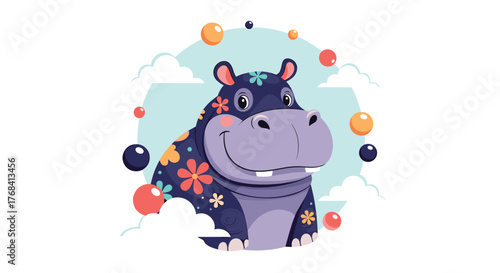 Cute cartoon hippopotamus with flowers and bubbles against a light blue sky background.