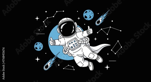 Cartoon astronaut giving thumbs up in space with planets and constellations floating around