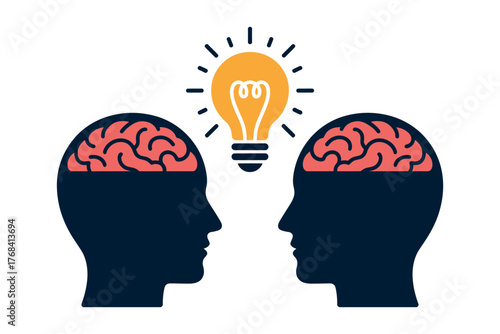 Two heads with brains are illuminated by a bright idea lightbulb, symbolizing collaboration and insight.