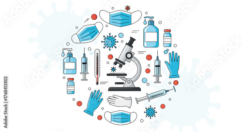 Collection of medical and scientific items related to fighting viruses and diseases, presented in a circular design.