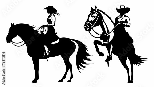 Elegant silhouette of a cowgirl and cowboy riding horses side by side, perfect for western themes, rodeos, and equestrian events, stylish vector art
