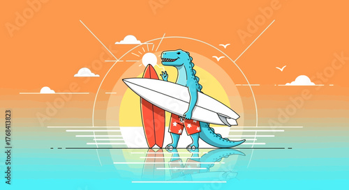 Cartoon Dinosaur Surfer Enjoying Sunset on the Beach with Surfboard Graphic Illustration