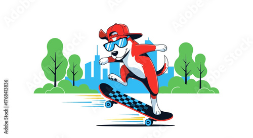 Cartoon dog riding a skateboard in a park showcasing urban background and trees