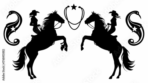 Wild West Silhouette Art Featuring Cowgirls on Rearing Horses with Star Accents - Perfect for Western Themes, Branding, and Creative Projects