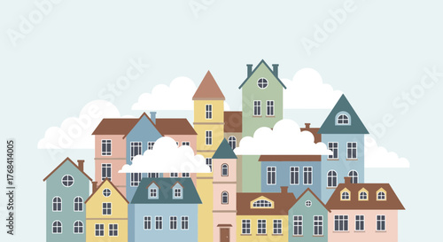 Charming cartoon cityscape featuring colorful houses and fluffy clouds against a pastel sky