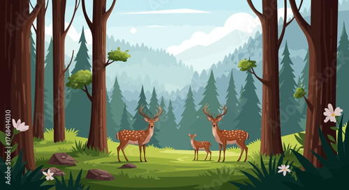 Cartoon woodland scene featuring deer family in a forest environment with trees and mountains