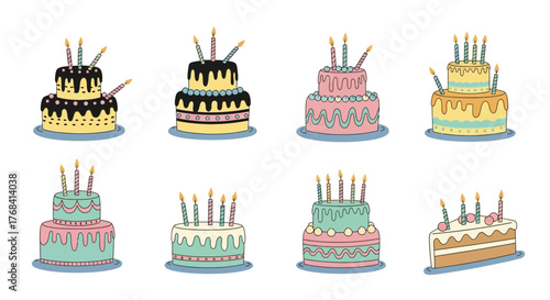 Celebration cakes assortment illustration featuring candles and colorful designs for birthdays