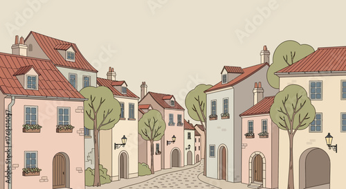 Charming European town illustration with old buildings and cobblestone street, perfect for travel