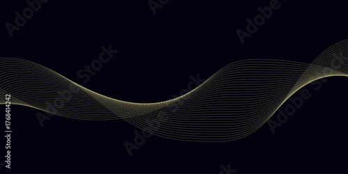 Abstract technology lines on black background. Undulate Golden Wave Swirl, frequency sound wave, twisted curve lines with blend effect, wave with lines created using blend tool.