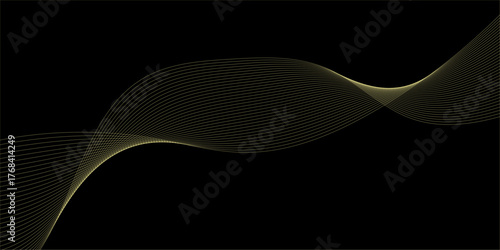 Abstract technology lines on black background. Undulate Golden Wave Swirl, frequency sound wave, twisted curve lines with blend effect, wave with lines created using blend tool.