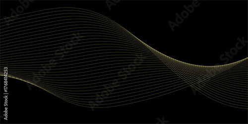 Abstract technology lines on black background. Undulate Golden Wave Swirl, frequency sound wave, twisted curve lines with blend effect, wave with lines created using blend tool.