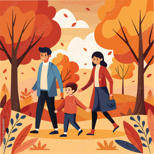 A happy family enjoys a stroll through a vibrant autumn park with colorful trees and falling leaves isolated on white background