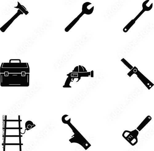 A collection of black and white tool icons including a hammer and various types of wrenches silhouette