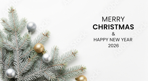 Festive Holiday Greeting Card with Evergreen Branches and Baubles Wishing Merry Christmas and Happy New Year 2026