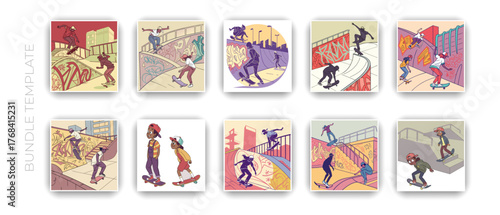 Cartoon skateboarders performing tricks in urban city scenes illustration set