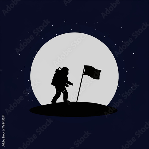 Silhouette of an astronaut planting a flag on a celestial body, with a large moon or planet in the background and a starry sky