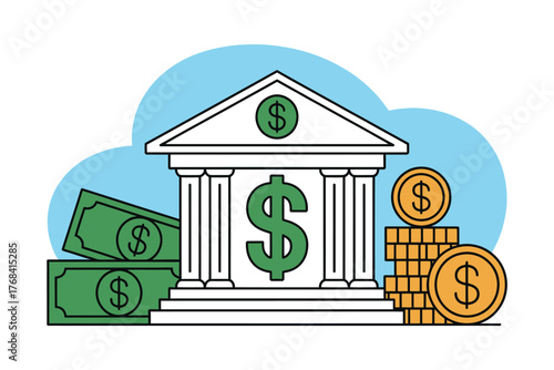 A financial institution building is surrounded by cash and coins representing wealth.