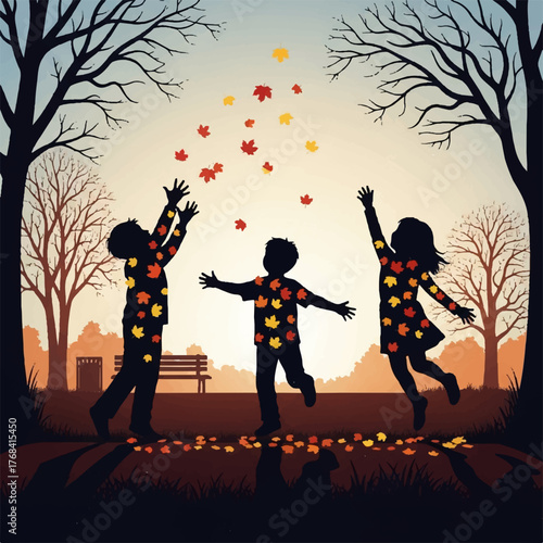 Three children silhouetted against a warm sunset, joyfully playing in a park, tossing colorful autumn leaves into the air