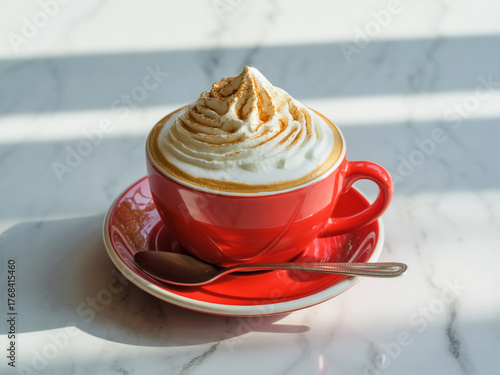 A top-down view of a latte in a bright red ceramic cup and saucer set, photographed on a white marble surface.