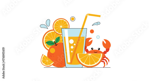 A cheerful cartoon crab enjoys a glass of orange juice surrounded by oranges.
