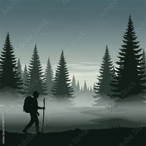 A lone hiker with a backpack and walking stick traverses a misty forest path lined with tall pine trees, evoking a sense of adventure and solitude