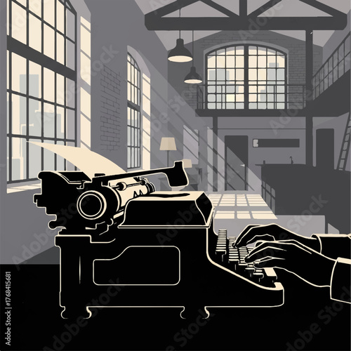 A persons hands typing on a vintage typewriter in a dimly lit room with large windows, casting dramatic shadows