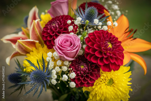 A vibrant close-up photograph of a luxurious floral bouquet with a shallow depth of field.