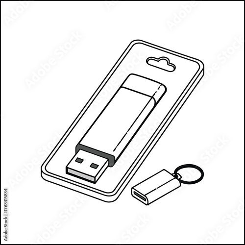 Line drawing of a usb flash drive in clear plastic packaging with keychain attachment isolated on white background
