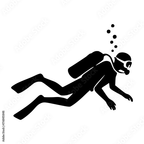 Silhouette of Scuba Diver Underwater with Bubbles – Black and White Minimalist Illustration