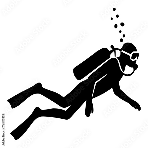 Silhouette of Scuba Diver Underwater with Bubbles – Black and White Minimalist Illustration