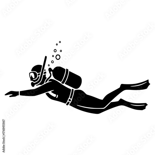 Silhouette of Scuba Diver Underwater with Bubbles – Black and White Minimalist Illustration