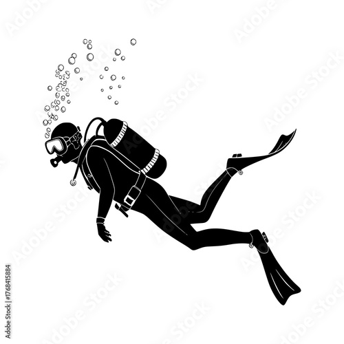 Silhouette of Scuba Diver Underwater with Bubbles – Black and White Minimalist Illustration