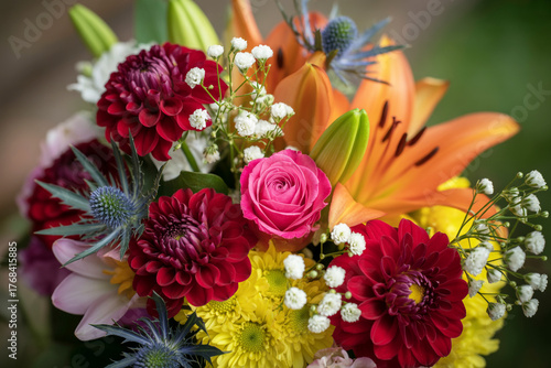A vibrant close-up photograph of a luxurious floral bouquet with a shallow depth of field.