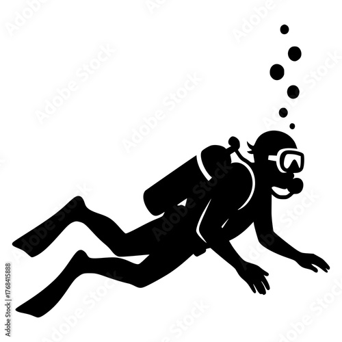 Silhouette of Scuba Diver Underwater with Bubbles – Black and White Minimalist Illustration